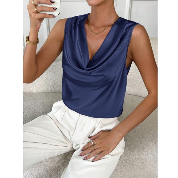 Satin Draped Cowl Neck Sleeveless Blouse Blue - Picture 3 of 8